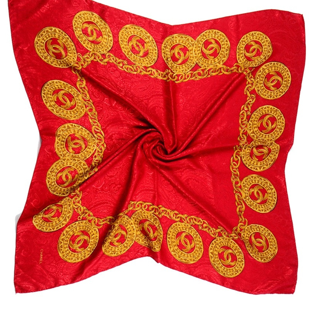 Vintage 80’s Chanel Red Jaquard Paisley Chain Iconic Motif Scarf